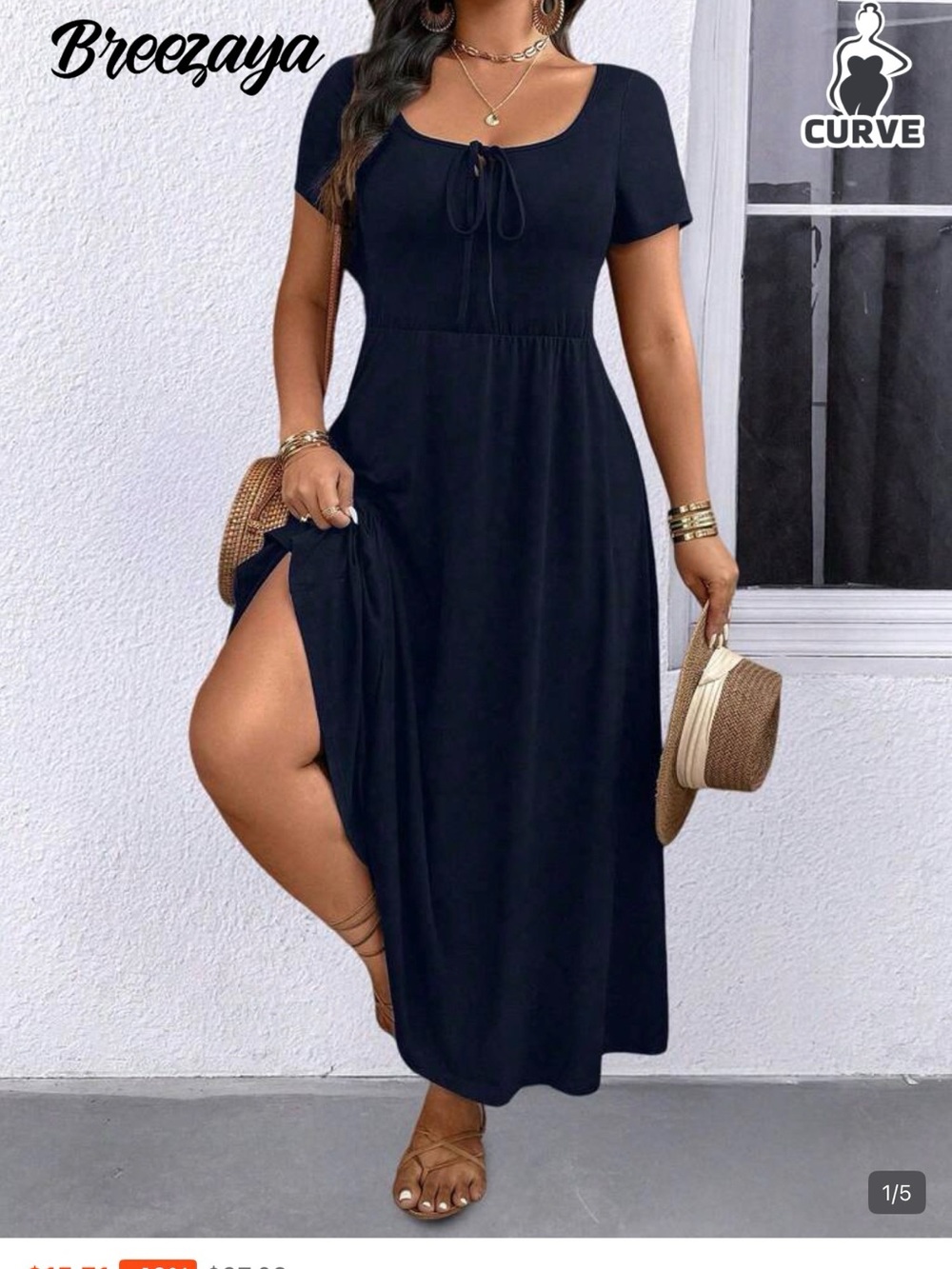 SHEIN Navy Short-Sleeve Maxi Dress with Front Tie